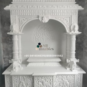White Marble Temple for Home | Hand-Carved Hindu Pooja Mandir with Pillars & Elephants | Indian Marble Altar by AR Marbles