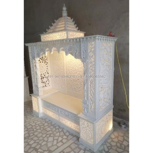 Big Luxury home temple with LED Lights , Hand Carved Marble Temple, Cutwork on white temple