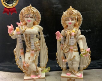 Marble Radha Krishna statue 15 inches pair, Marble statue of lord Krishna and Radha , beautiful sweet looking simple golden work white murti