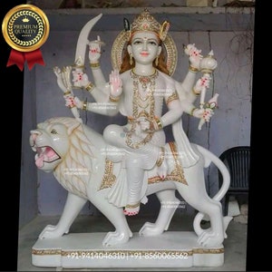 Durga maa / Mata Rani statue, Gold work moorti, Marble God Idols, Durga maa with lion, Natural Marble Statue white