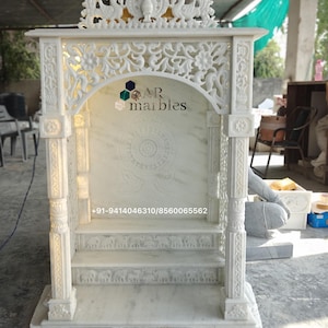 White Marble Temple for Home | Handcrafted Indian Mandir with Peacock & Floral Carvings