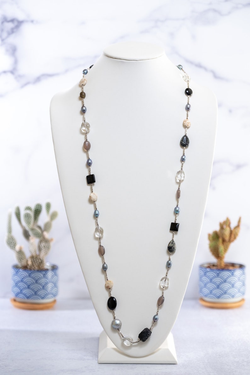 Bohemian Necklace Agate Statement Necklace Volcanic Rock Quartz Necklace Coin Pearl Necklace Multicolor Boho Necklace Gift for Her