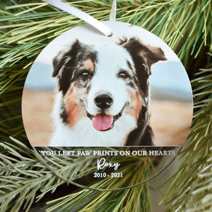 Pet Memorial Ornament, Dog Photo Ornament, Paw Prints on Our Hearts, Pet Sympathy Gift, Cat Photo Ornament, Loss of Pet, Pet Remembrance