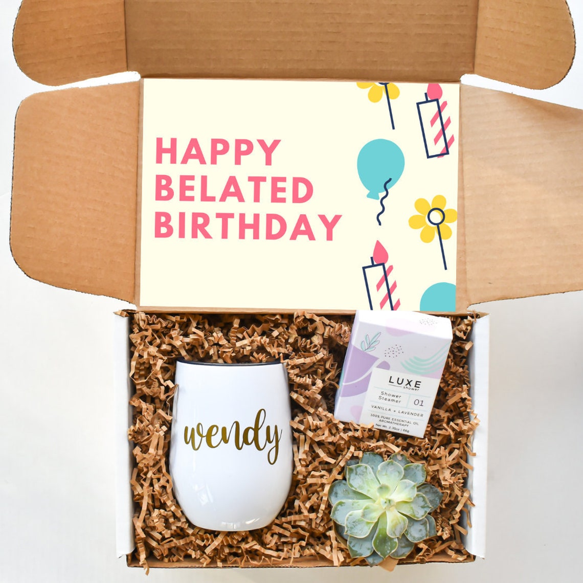 Belated Birthday Gift
 Happy Belated Birthday Gift Box Personalized Succulent