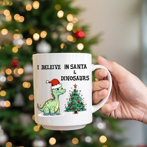 Personalised Christmas Dinosaur Mug, Boys Hot Chocolate, Novelty Present, Stocking Filler, Dino Christmas Gift, Custom Ceramic Mug