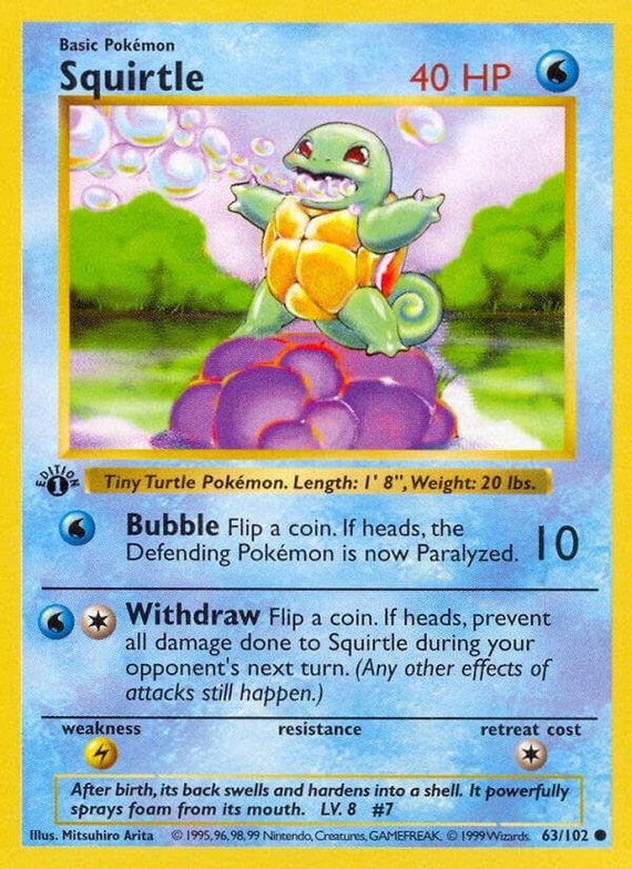 1st Edition Shadowless Squirtle 63 102 Base Set Pokemon Card Etsy