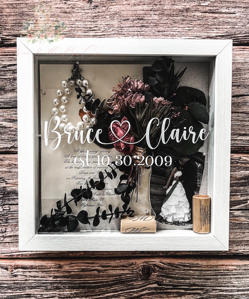 Personalized Wedding Day Keepsake Display Shadowbox Gift with Couples Name and Date