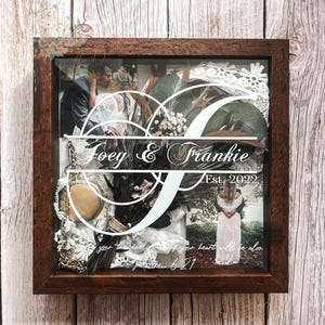 Personalized Wedding Day Gift Keepsake Display Shadowbox Split Single-Letter Monogram with Couples Names and Date/optional quote