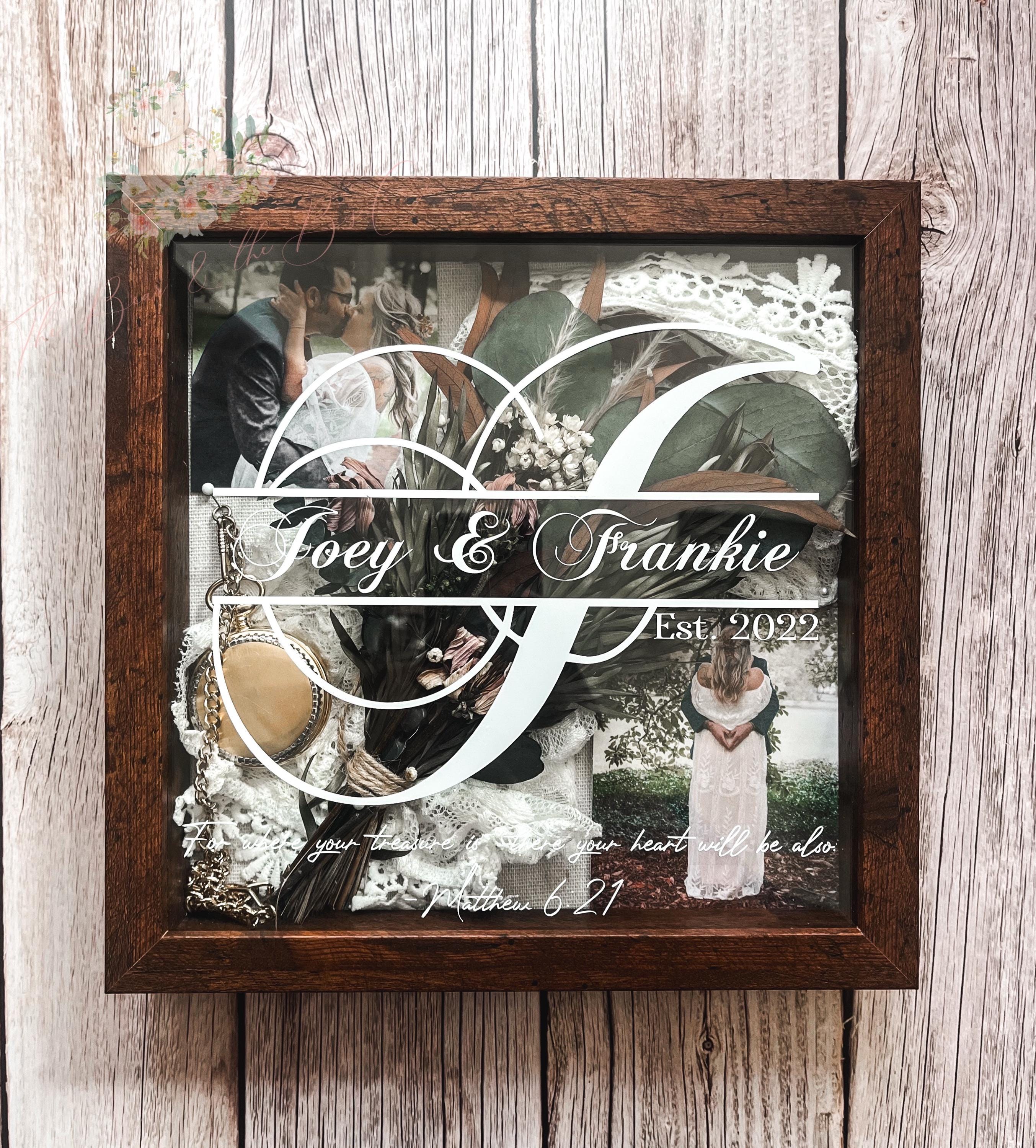 Personalized Wedding Day Gift Keepsake Display Shadowbox Split Single-Letter Monogram with Couples Names and Date/optional quote