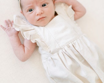 Baby romper, Bubble playsuit, Linen baby outfit, Ruffle Straps