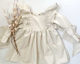 Oyster white Long sleeve Ruffle bow Dress,  Toddler and girls dress