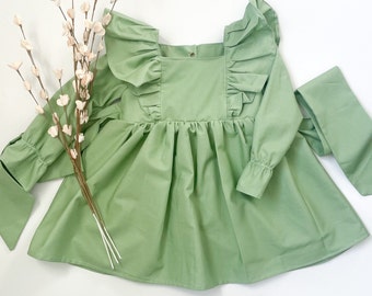 celadon Green long sleeve Ruffle Bow dress