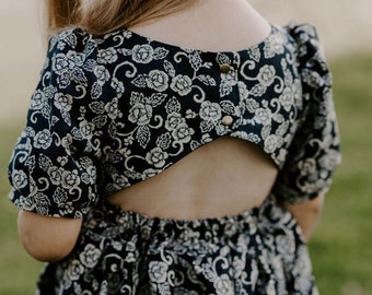 Blue floral Puff sleeve open back pocket dress