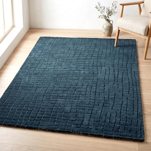 Handgetufteter Teppich in Mitternachtsblau mit Gittermuster, tiefblauer, strukturierter Wollteppich, Größen 8x10 und 9x12