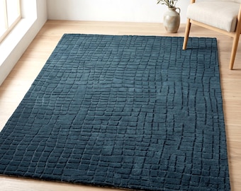 Handgetufteter Teppich in Mitternachtsblau mit Gittermuster, tiefblauer, strukturierter Wollteppich, Größen 8x10 und 9x12
