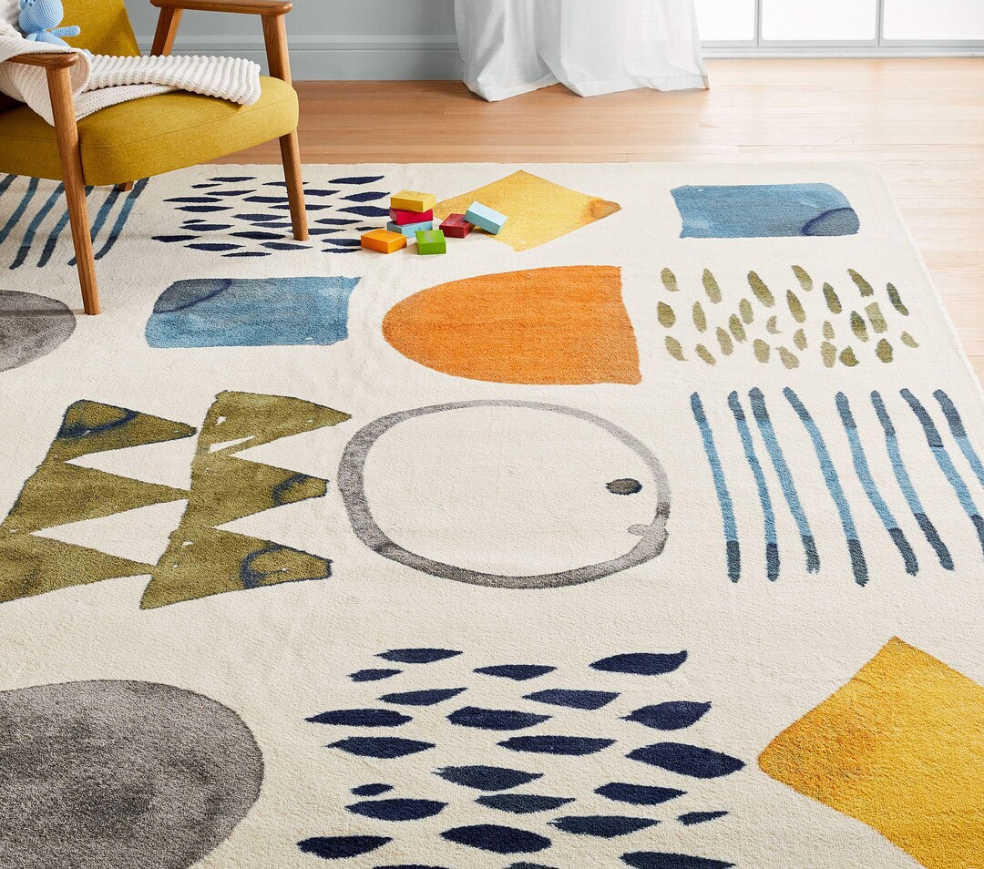 Watercolor Abstract Shapes Rug Playroom Carpet, Natural Children Rug ...