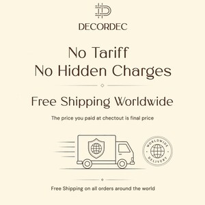 Square promotional graphic displaying "No Tariff, No Hidden Charges - Free Shipping Worldwide" with a delivery truck icon.