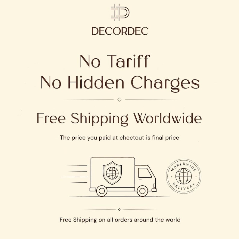 Square promotional graphic displaying "No Tariff, No Hidden Charges - Free Shipping Worldwide" with a delivery truck icon.