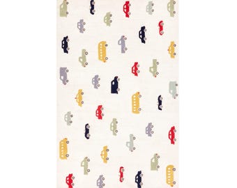 Hand-Tufted Wool Kids Rug: Colorful Cars Design, Soft Play