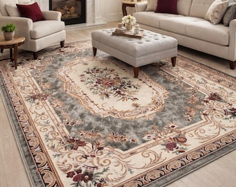 Floral Medallion Rug, Ivory Grey, Vintage, Hand Tufted Wool Rug 8x10 for Living Room Custom Size
