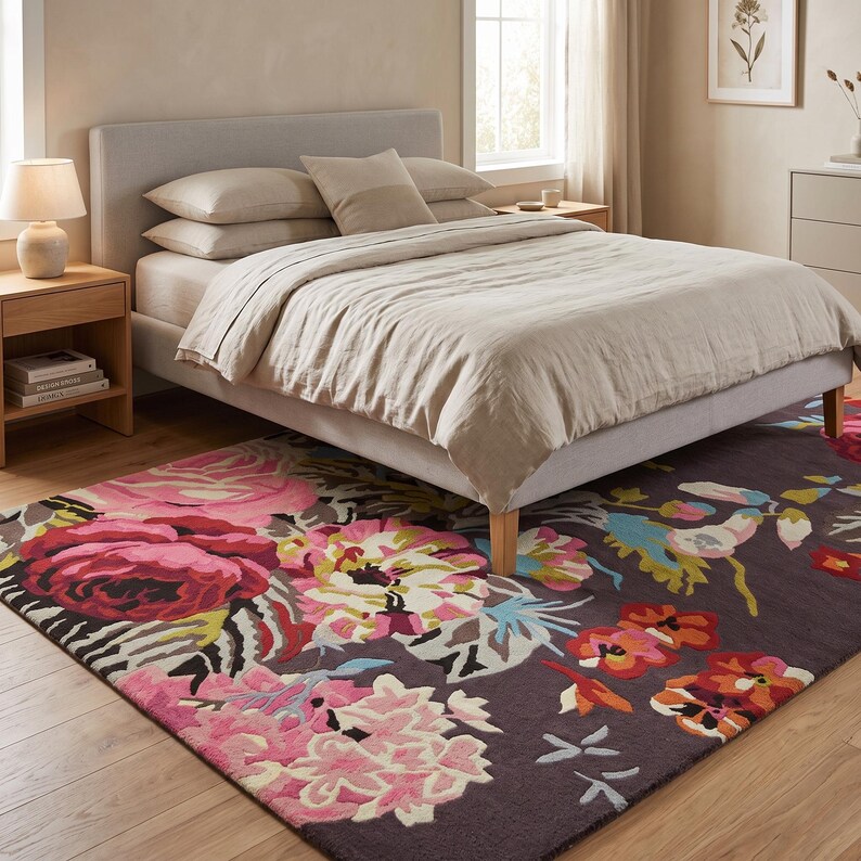 Hand-tufted floral area rug extending from beneath a modern beige upholstered bed in a warm neutral bedroom setting.