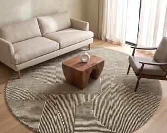 Tapis rond en laine, tapis géométrique rond marron et beige neutre, tapis moderne bohème tufté à la main