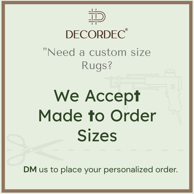Square promotional graphic with text reading "Decordec - Need a custom size Rugs? We Accept Made to Order Sizes".