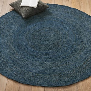 Blue Jute Round Rug, Custom Size Round Rug, bedrooms, Eco Friendly Rug, Hand-braided Natural Round Jute Rug for home decor, Handmade Rug.