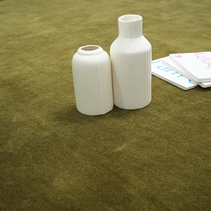 Peut inclure: Deux vases en c&eacute;ramique blanche avec des d&eacute;tails c&ocirc;tel&eacute;s verticaux sont pos&eacute;s sur une surface verte. &Agrave; c&ocirc;t&eacute;, de petits livres blancs avec des noms imprim&eacute;s en rose et bleu. Un pied de table en bois est visible.