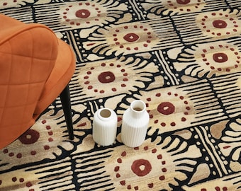 Art Deco Geometric Wool Rug, Beige Black Red Medallion Hand Tufted Statement