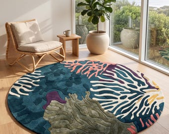 Coral Reef Rug, Hand Tufted Wool and Silk Round Carpet, Teal Coastal Design
