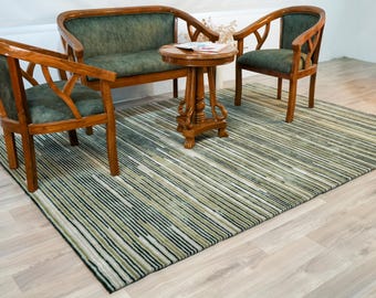 Dark Green Rug, Hand Tufted New Zealand Wool with Olive and Ivory Stripes