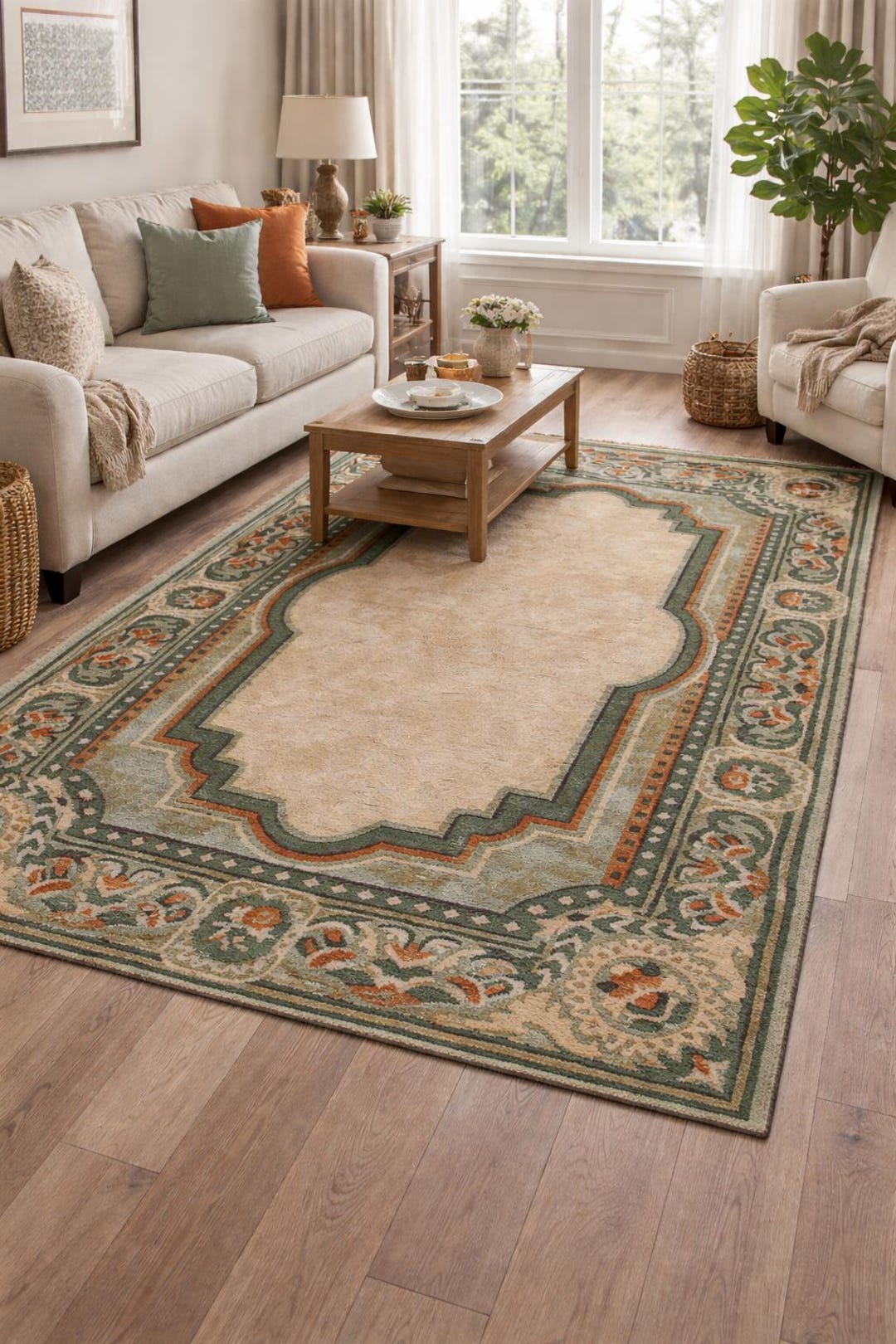 Hand Tufted Wool Area Rug | Sage Green Floral Border - Etsy