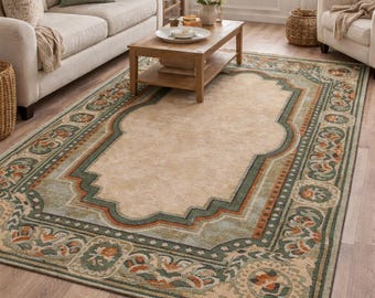 Hand Tufted Wool Area Rug | Sage Green Floral Border