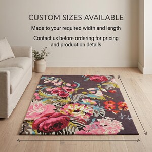 Marketing graphic featuring a floral area rug in a modern living room with dimension arrows and text reading "CUSTOM SIZES AVAILABLE".