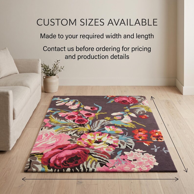 Marketing graphic featuring a floral area rug in a modern living room with dimension arrows and text reading "CUSTOM SIZES AVAILABLE".