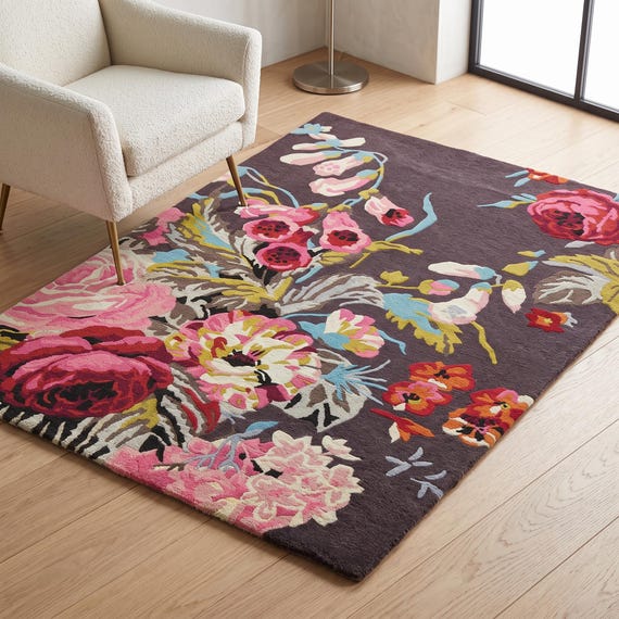Red Pink Vintage Floral Rug, Cottagecore Bedroom Rug, Hand Tufted Wool, Traditional Persian Style Area Rug, Handmade India