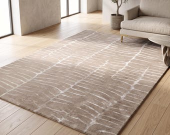 Beige Wool Silk Hand-Tufted Area Rug, Textured Modern Carpet, Custom Sizes 8x10 9x12