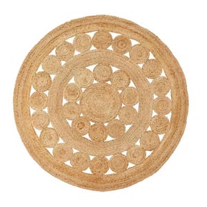 May include: A round, natural fiber rug with a circular pattern of woven circles. The rug is made of jute and has a natural, earthy color.