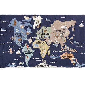 Alfombra de juego con mapa del mundo para habitación infantil, suave alfombra con cielo arcoíris, alfombra blanca para habitación infantil, moderna alfombra para niños, alfombra de lana natural para sala de juegos.