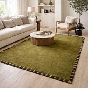 Olive Green Rug, Hand-Tufted Wool and Silk, Checkered Border, Custom Living Room Carpet