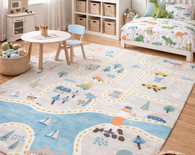Storybook Town Play Rug Hand Tufted Wool Rug, for Nursery, for Kids, Custom Size
