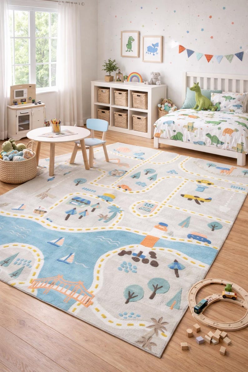 Town Rug Pattern Chair Storybook Town Play Rug: Interactive Road Map Carpet for Kids Room, Non ...