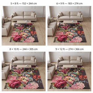 Information graphic showing four room layouts comparing rug sizes: 5x8 ft, 6x9 ft, 8x10 ft, and 9x12 ft over a floral rug design.