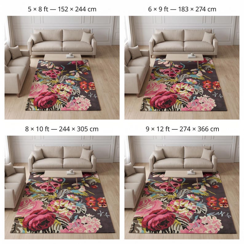 Information graphic showing four room layouts comparing rug sizes: 5x8 ft, 6x9 ft, 8x10 ft, and 9x12 ft over a floral rug design.