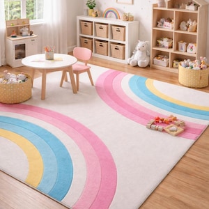 Pastel Rainbow Hand Tufted Wool Area Rug, Modern Arc Kids Room Carpet (Custom Size)