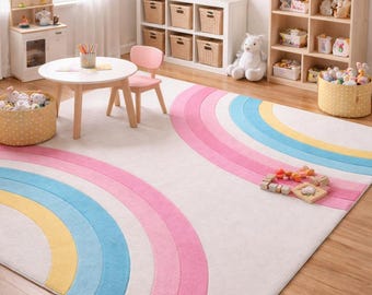 Pastell Regenbogen Handgetufteter Wollteppich, Modern Arc Kinderzimmer Teppich (Sondergröße)