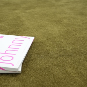 Peut inclure: Une pile de livres blancs avec le mot "Johnny" en lettres roses. Les livres sont pos&eacute;s sur une surface textur&eacute;e vert olive. Le mot "Johnny" est en gras, en police sans-serif.