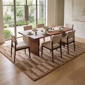 Rustic Checkered Rug, 8x10 Tufted Rug, Hand-Tufted New Zealand Wool Carpet, Beige Brown Custom Sizes