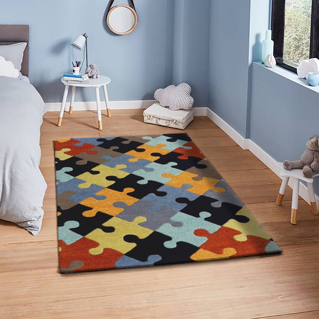 Modern Puzzle Rug Puzzle Tufted Rug: Multicolor Wool Jigsaw Carpet, 3x5 Ft - Etsy